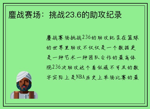 鏖战赛场：挑战23.6的助攻纪录